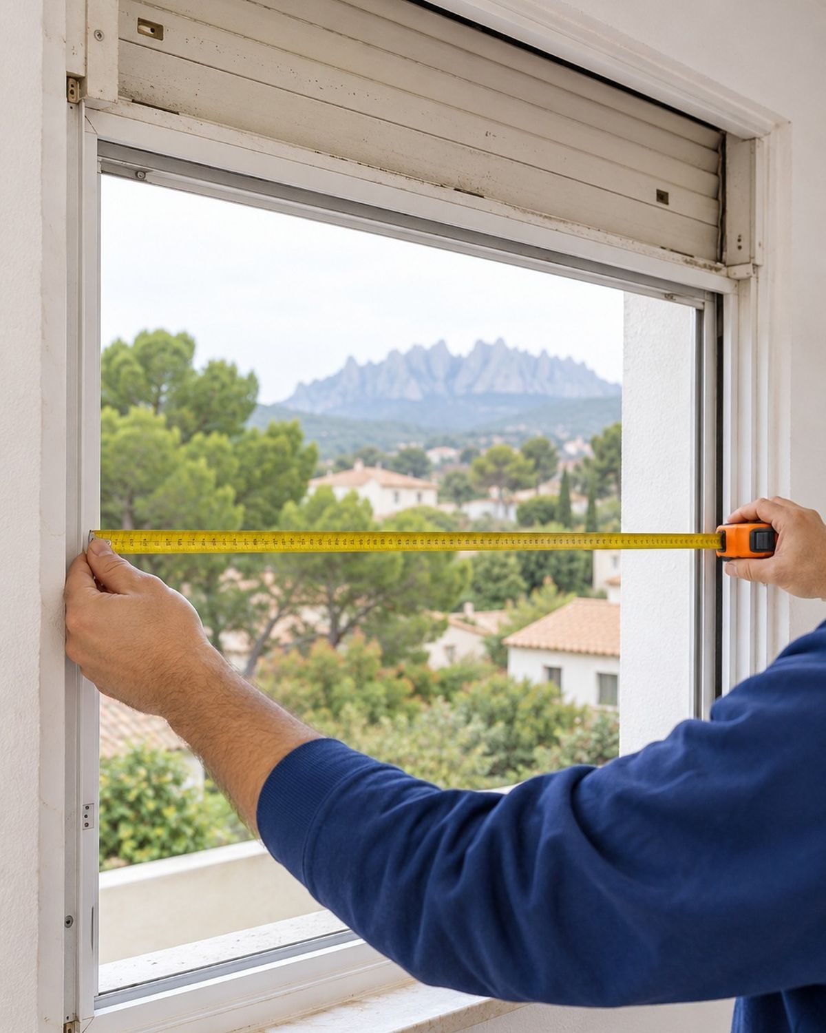 Técnico midiendo con flexómetro el ancho de una ventana para pedir su persiana nueva