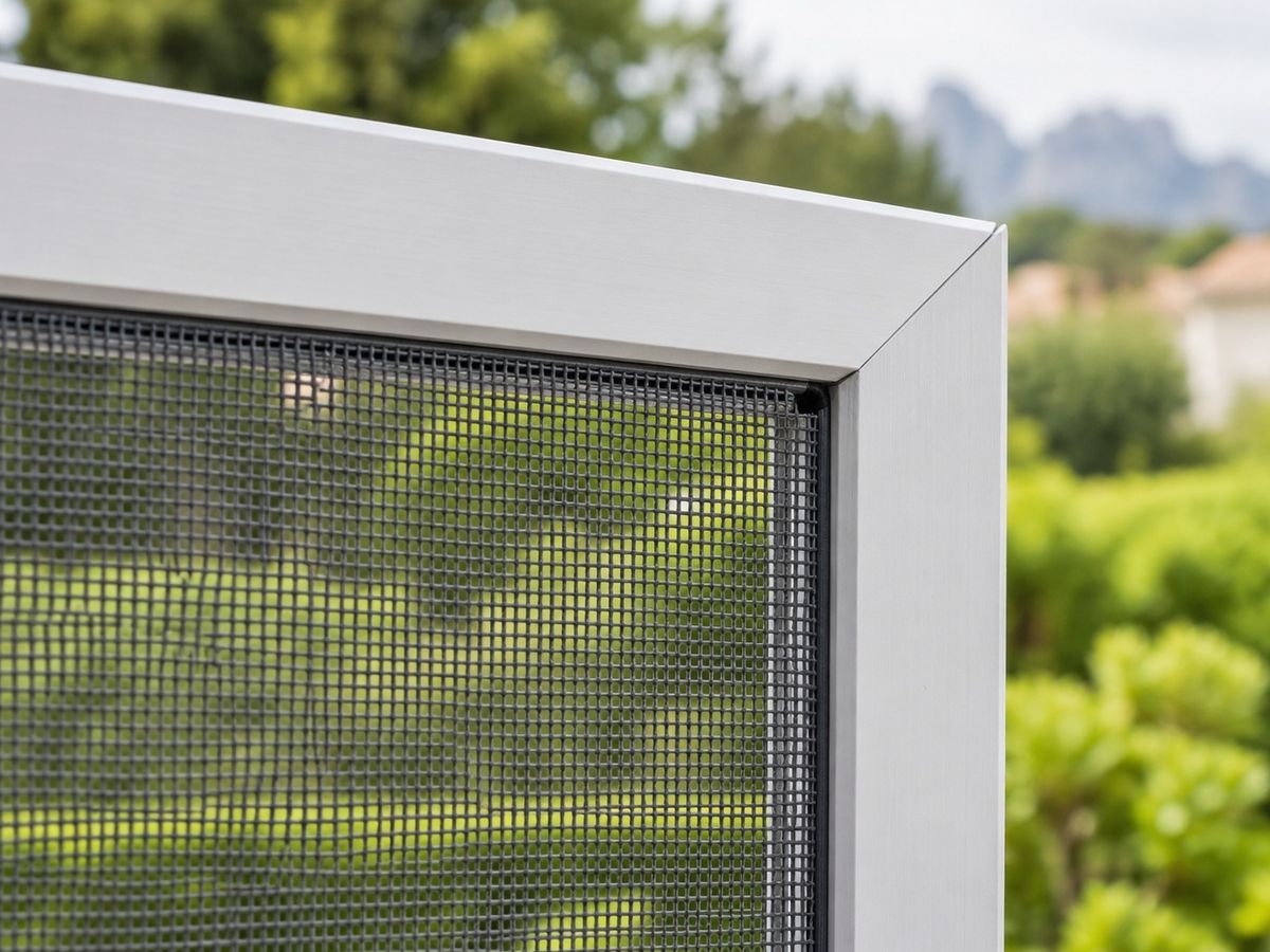 Malla gris de fibra de vidrio tensada dentro de un perfil de aluminio blanco