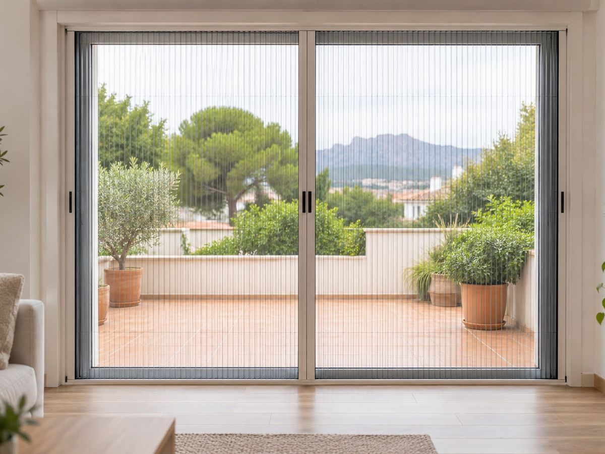 Mosquitera plisada de dos hojas cerrada en la salida de un salón a la terraza